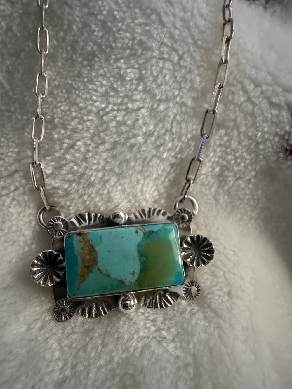 Sterling Silver Navaho  Turquoise Pendant Necklace - Blue Green Stone